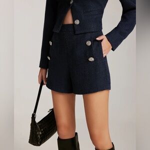 Commense Navy Blue Silver Tone Button Decor Tweed High Waisted Nautical Shorts S